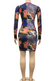 Blue Sexy Print Bandage Hollowed Out Patchwork O Neck Pencil Skirt Dresses