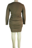 Brownness Casual Solid Patchwork Frenulum Fold Strapless Pencil Skirt Plus Size Dresses