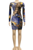 Rose Red Sexy Print Bandage Hollowed Out Patchwork O Neck Pencil Skirt Dresses