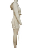 Camel Sexy Solid Bandage Hollowed Out Patchwork Asymmetrical Hooded Collar Sleeveless Two Pieces
