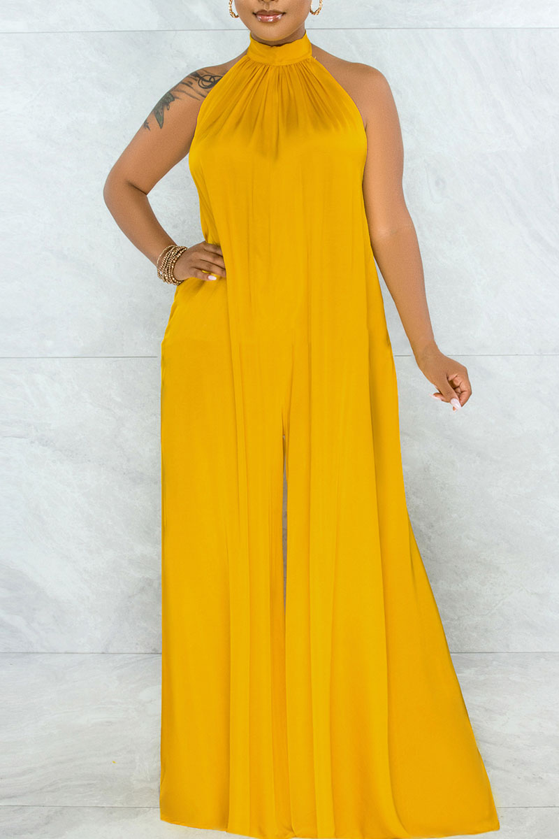 

Yellow Elegant Solid Split Joint Backless Halter Loose Jumpsuits