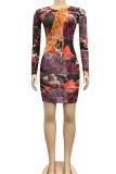 Brown Sexy Print Bandage Hollowed Out Patchwork O Neck Pencil Skirt Dresses