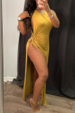 Robes de robe irrégulières jaunes sexy à ouverture haute et à col rond