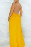 Yellow Elegant Solid Patchwork Backless Halter Loose Jumpsuits