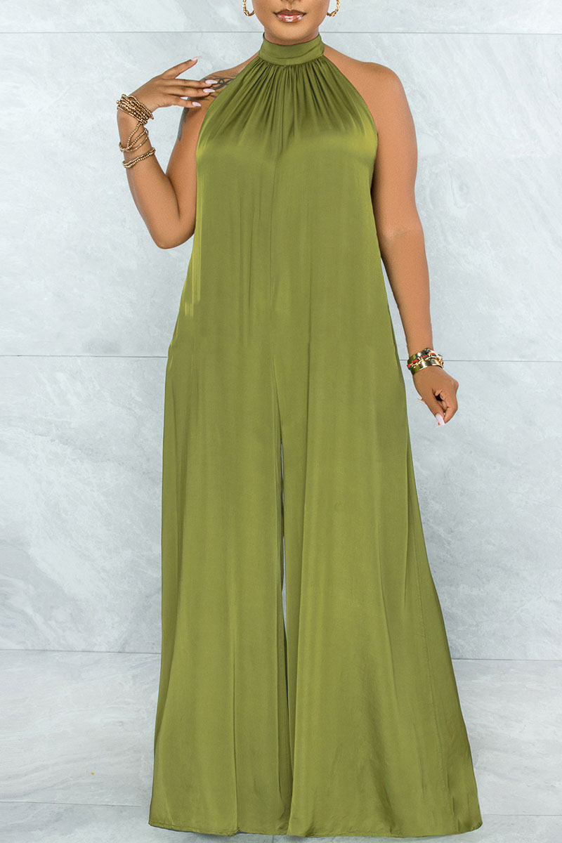 

Green Elegant Solid Split Joint Backless Halter Loose Jumpsuits