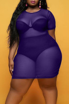 Фиолетовые сексуальные однотонные лоскутные прозрачные прямые платья больших размеров с круглым вырезом