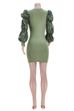 Army Green Sexy Solid Patchwork O Neck Pencil Skirt Dresses