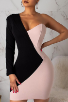 Roze sexy effen patchwork een schouder kokerrok jurken