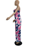 Pink Casual Print Patchwork Spaghetti Strap Straight Jumpsuits