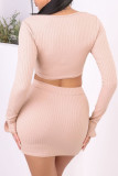 Nude Pink Sexy Solid Hollowed Out Patchwork Frenulum Slit U Neck Long Sleeve Two Pieces
