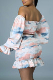 Gray Pink Sexy Print Patchwork Flounce Off the Shoulder Long Sleeve Two Pieces