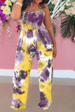 Pink Casual Print Patchwork Spaghetti Strap Straight Jumpsuits