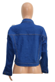 Blue Casual Solid Patchwork Turndown Collar Regular Denim Jacket