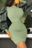 Vestidos de falda de lápiz con cuello en O de patchwork sólido sexy verde militar