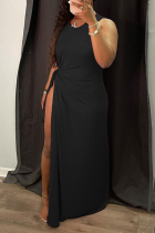 黒のセクシーなソリッドハイオープニングOネックの不規則なドレスドレス