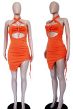 Orange Sexy Solid Hollowed Out Patchwork Frenulum Asymmetrical Halter Pencil Skirt Dresses