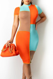 Mandarina Casual Color Terrón Estampado Patchwork Medio cuello alto Vestidos con falda lápiz