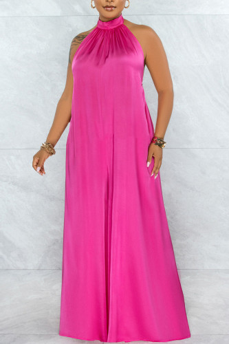 Rose Red Elegant Solid Patchwork Backless Halter Loose Jumpsuits