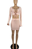 Nude Pink Sexy Solid Hollowed Out Patchwork Frenulum Slit U Neck Long Sleeve Two Pieces