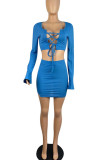 Blue Sexy Solid Hollowed Out Patchwork Frenulum Slit U Neck Long Sleeve Two Pieces