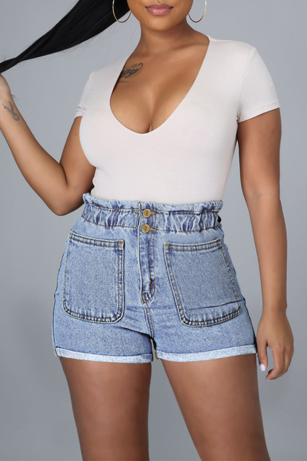 Baby Blue Fashion Casual Solid Patchwork Regular High Waist Conventional Solid Color Plus Size Jeans
