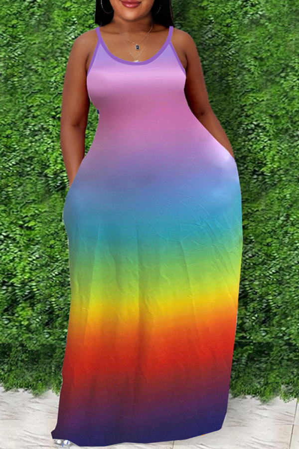 Rainbow Color Sexy Print Patchwork Spaghetti Strap Straight Vestidos Plus Size