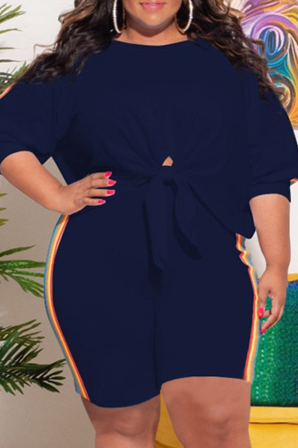 Deep Blue Casual Solid Split Joint O Neck Plus Size Two Pieces