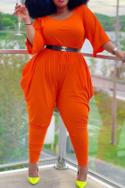 Tangerine Röd Casual Solid Patchwork V-hals Plus Size Jumpsuits