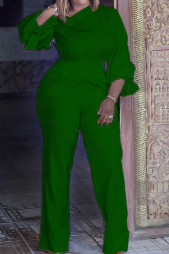 Green Casual Solid Patchwork O Neck Straight Jumpsuits
