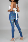 Baby Blue Fashion Casual Splash-ink Print Ripped High Waist Regular Skinny Denim Jeans