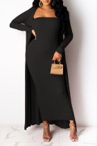 Black Casual Solid Split Joint Strapless Long Sleeve Two Pieces
