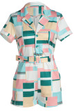 Green Casual Geometric Print Patchwork Turn-back Collar Straight Rompers