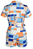 Blue Casual Geometric Print Patchwork Turn-back Collar Straight Rompers