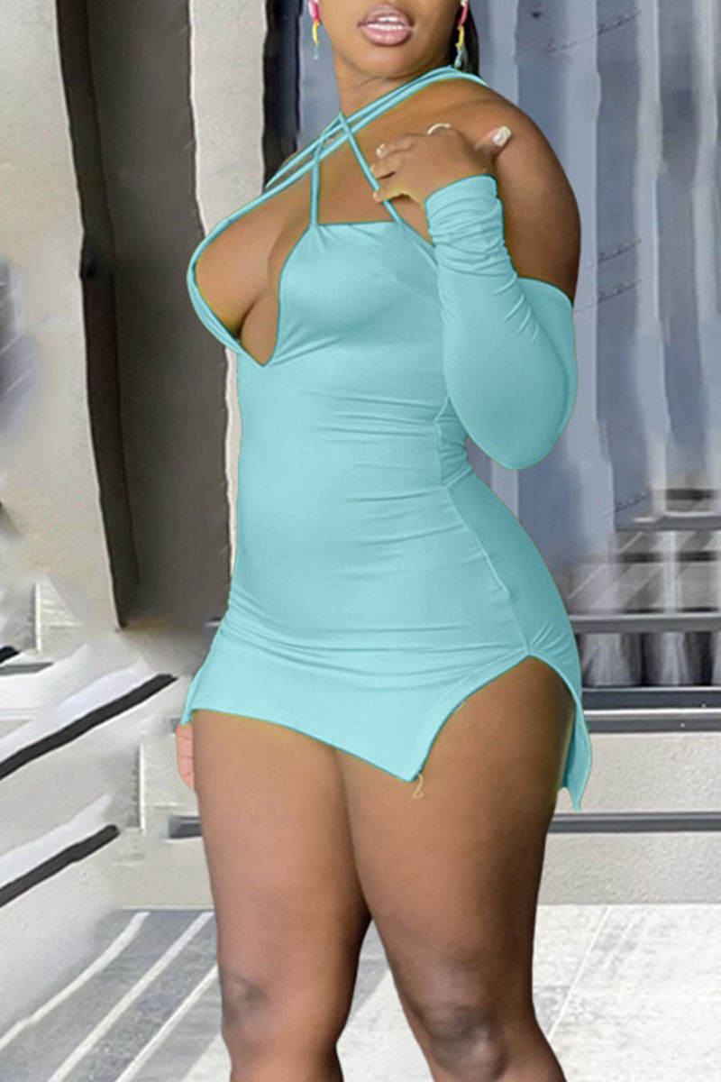 Sky Blue Sexy Solid Split Joint Slit Spaghetti Strap Pencil Skirt Dresses