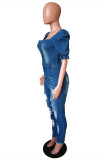 ベビー ブルー ファッション カジュアル ソリッド リップド スクエア カラー スキニー ジャンプスーツ
