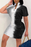 ブラック グレー カジュアル プリント パッチワーク ジッパー カラー ストレート ドレス