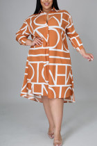 Оранжевое повседневное платье-рубашка в стиле пэчворк с отложным воротником Платья больших размеров