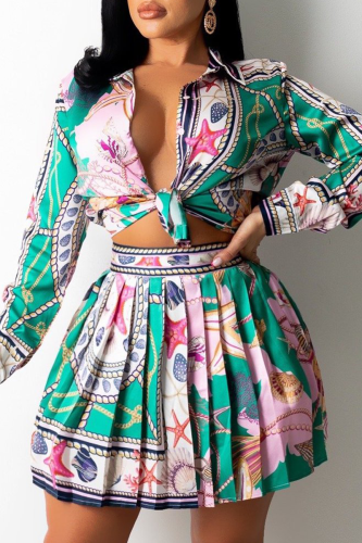Green Casual Print Patchwork Turndown Collar Long Sleeve Two Pieces