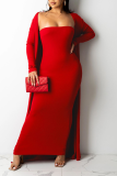 Red Casual Solid Patchwork Strapless Long Sleeve Two Pieces