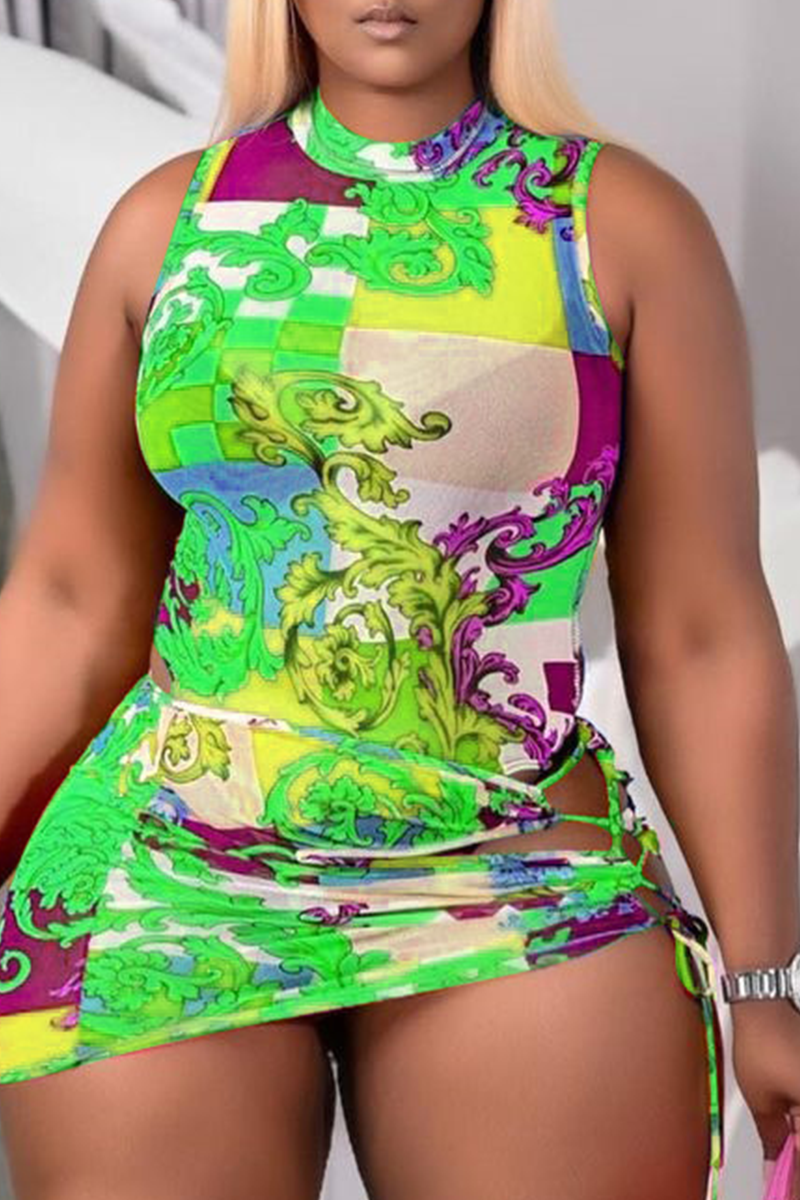 

Green Sexy Print Hollowed Out Split Joint Swimwears