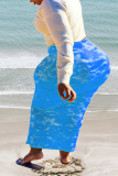 Синий сексуальный пэчворк обтягивающие брюки с высокой талией и высокой талией, сплошной принт
