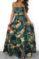 Green Casual Print Patchwork Strapless Sleeveless Two Pieces