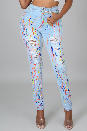 Baby Blue Fashion Casual Splash-ink Print Ripped High Waist Regular Skinny Denim Jeans