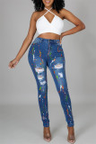 Babyblauwe, casual jeans met gescheurde hoge taille en normale print