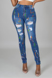 Babyblauwe, casual jeans met gescheurde hoge taille en normale print