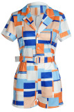 Blue Casual Geometric Print Patchwork Turn-back Collar Straight Rompers