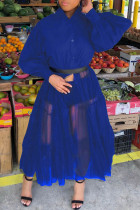 ベルトなしの青いカジュアルパッチワークソリッドメッシュを隠すマンダリンカラー不規則なドレスプラスサイズのドレス