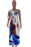 Blue Sexy Print Patchwork One Shoulder Straight Dresses