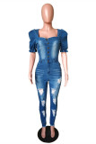Baby Blue Fashion Casual Solid Ripped Square Collar Skinny Jumpsuits
