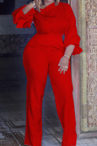 Red Casual Solid Patchwork O Neck Straight Jumpsuits